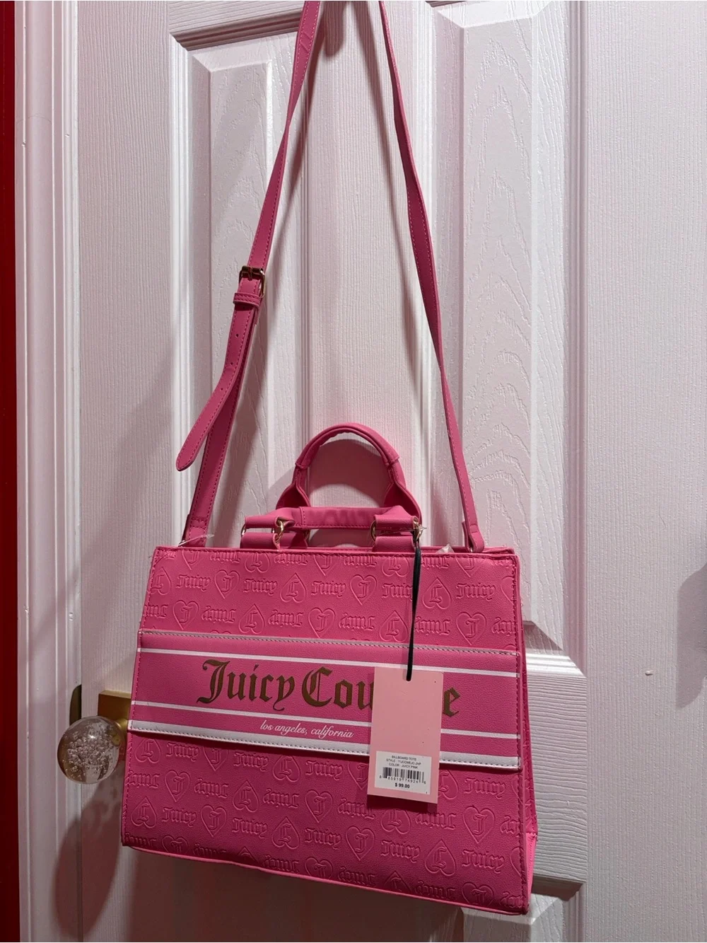BNWT JUICY COUTURE Pink White Billboard Satchel Tote with Crossbody Strap